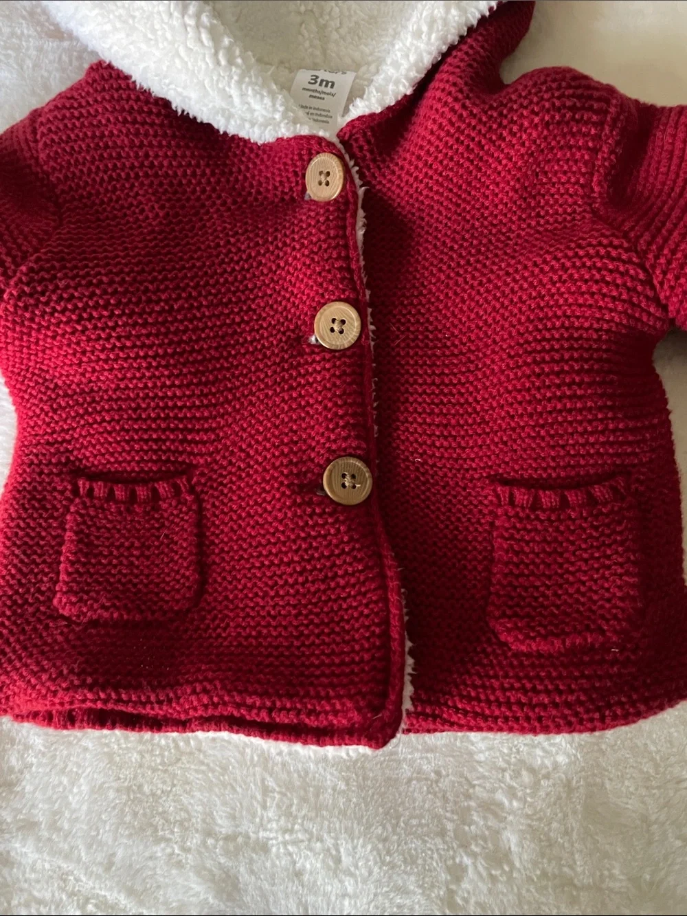 Carter’s size 3 mos fleece-lined red knit cardigan w/hood